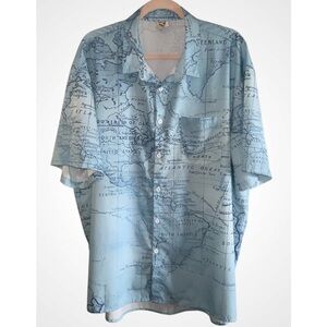 Hardaddy Blue & White Oceanic Map Print Collared Button Down Casual Shirt 3XL